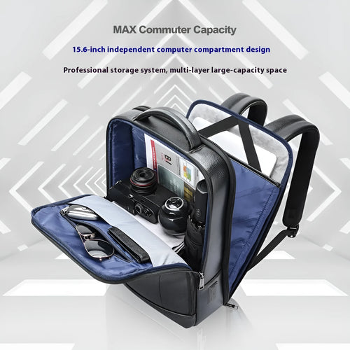 Black business leather backpack with USB port and curved shoulder straps