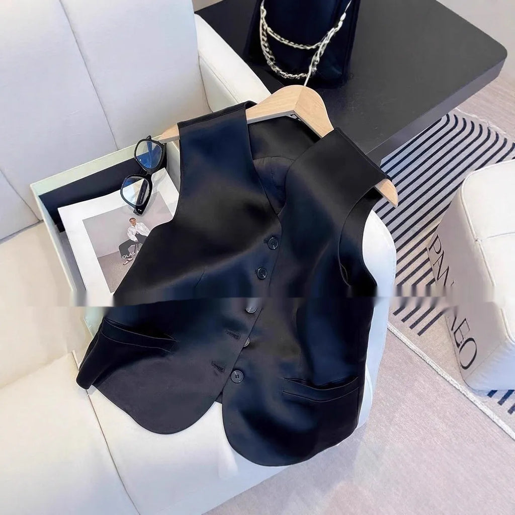 Black satin ladies' vest with loose fit and sleeveless design on hanger