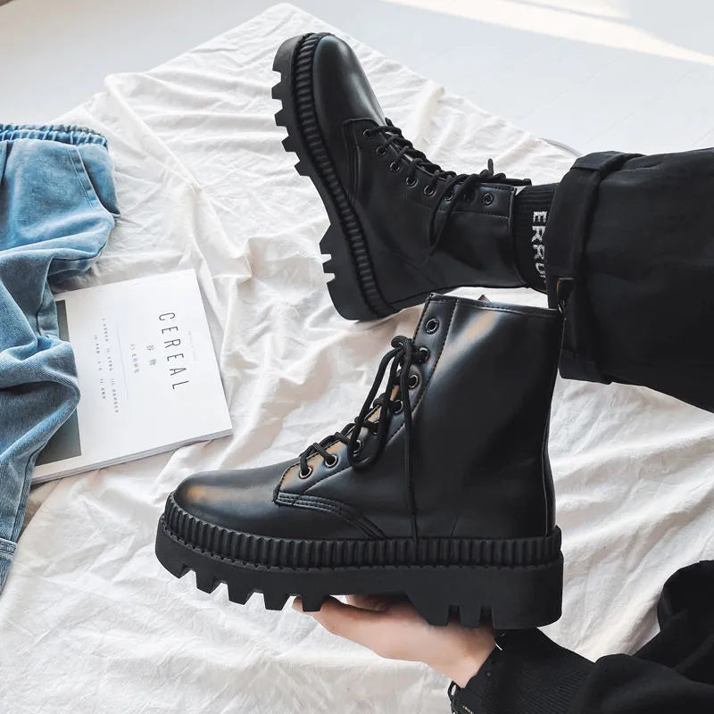 Men's black high-top platform boots with a side zip and frosted cowhide leather upper.