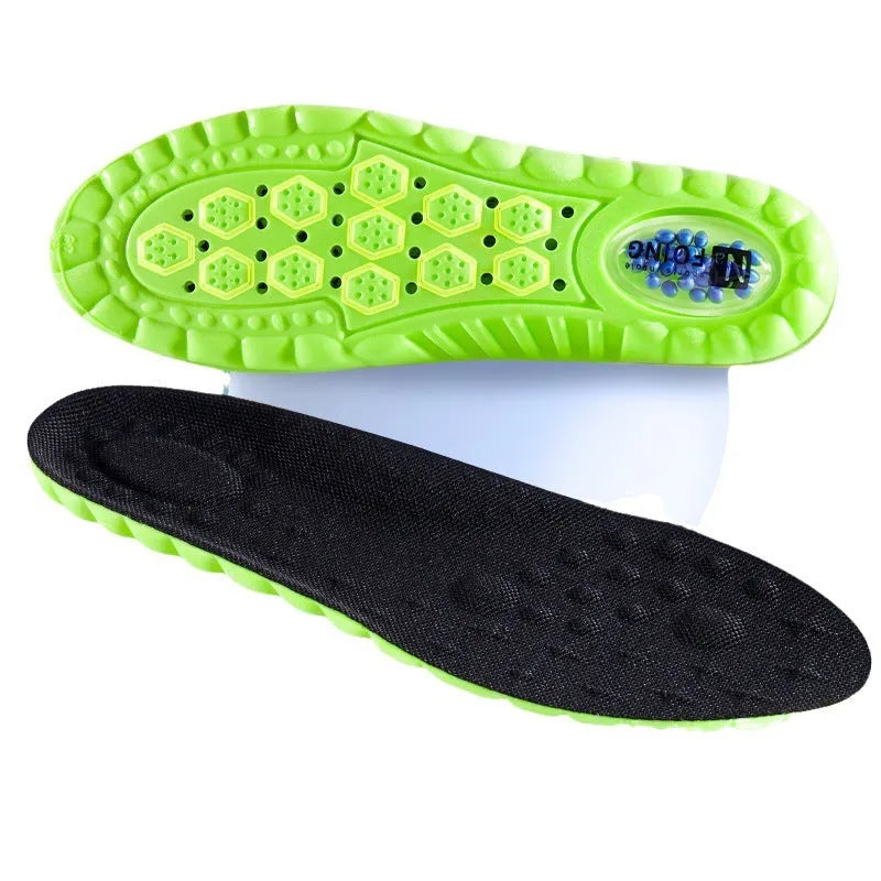 Green PU air cushion sports insoles with a thickened design for shock absorption and breathability.