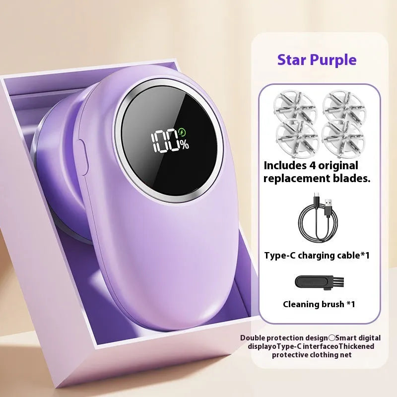 Beige and purple digital fur ball trimmers with USB-C charging cable and multiple cutter heads on a fabric surface