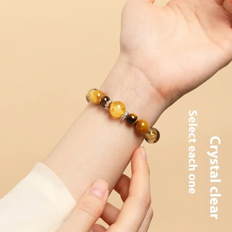 Natural yellow crystal tiger-eye geometric bracelet in 10mm and 12mm unisex sizes