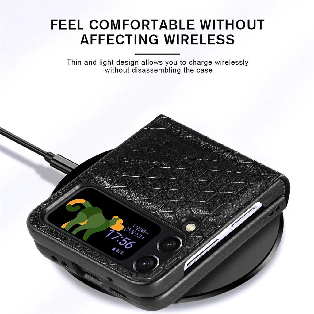 Solid colour rhombus leather pattern PU phone case for Samsung ZFLIP4 in black, showing back cover with textured surface