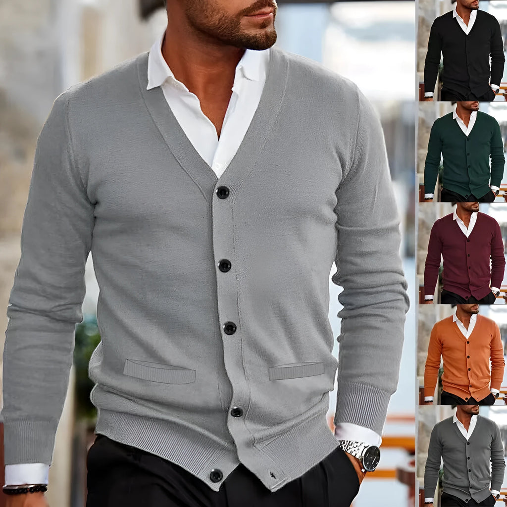 Men's slim fit acrylic cardigan sweater coat in dark gray colour showing long sleeve design