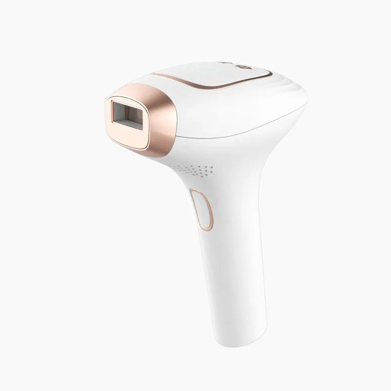 Pink and white three-in-one ice-sensing laser hair removal device with shaver attachment and accessories