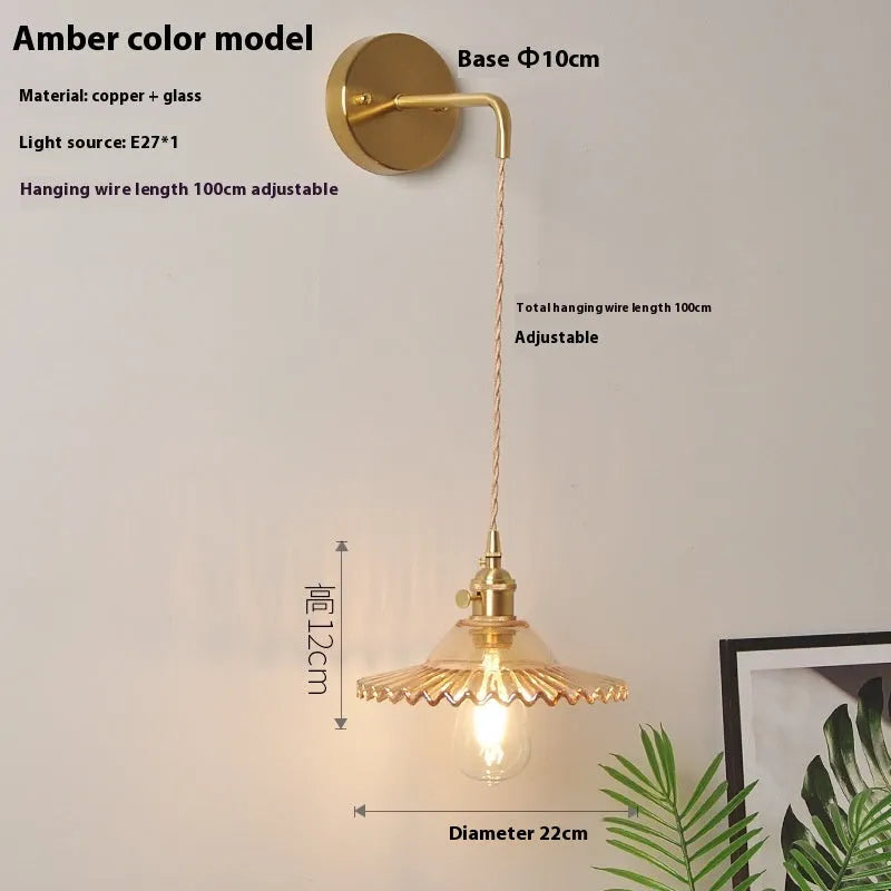 Retro brass lotus wall lamp with glass shade in multiple colour options