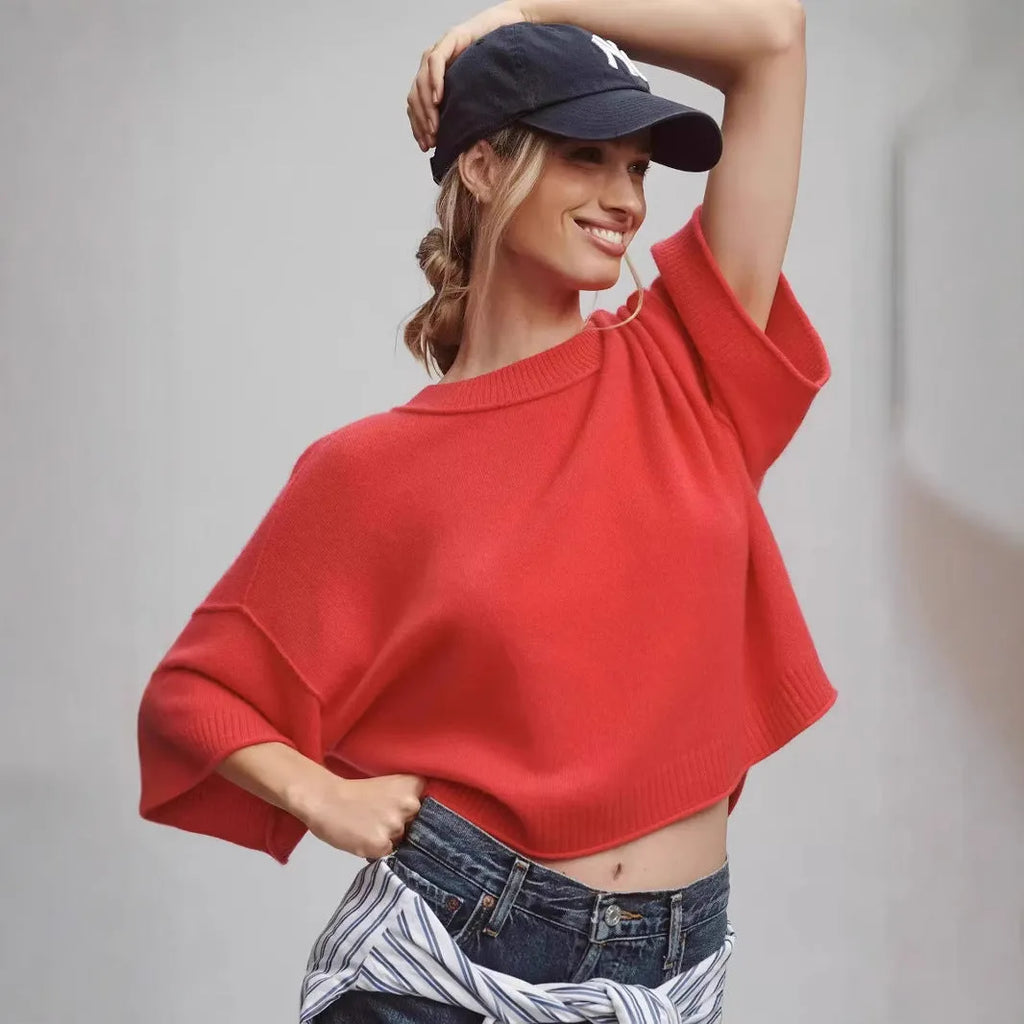 Red women's crop top t-shirt with exposed navel design and regular sleeves