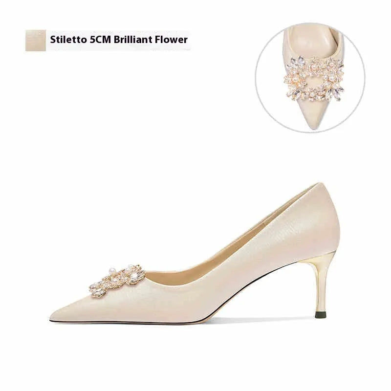 French-style crystal bridal high heels with rhinestones on a cloth upper, available in stiletto or cat heel.