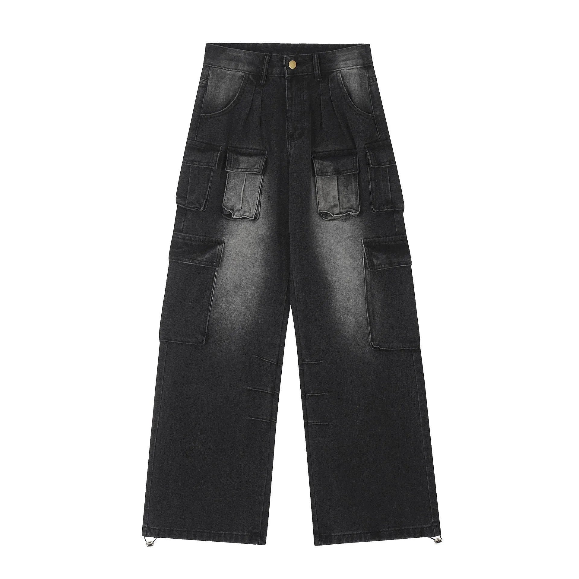 Loose fit light blue denim jeans with multiple pockets and a distressed washed finish on a neutral background.