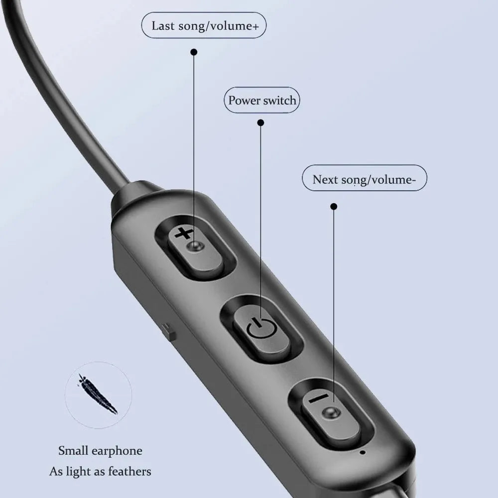 Black neck-mounted wireless sports earphones with bilateral stereo design and Bluetooth 5.0 connectivity