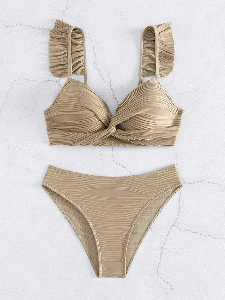 Women's solid colour bikini swimsuit in black and khaki options with Asian sizing