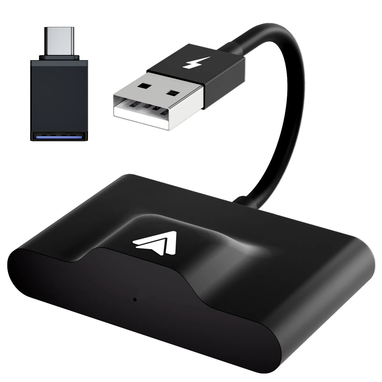 Black wireless Android Auto car adaptor connected to a car USB port with a smartphone displaying a navigation app wirelessly.
