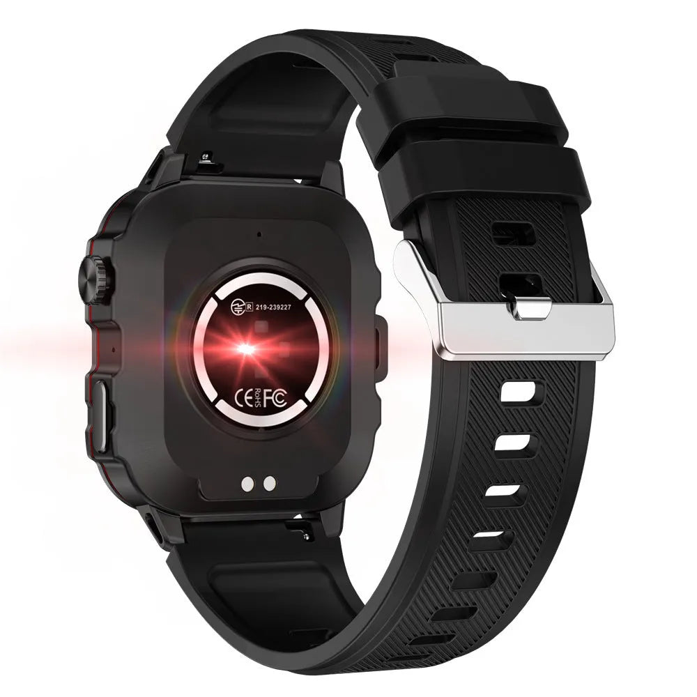 QX11 Smart Bluetooth Watch in black with a TFT touchscreen display, shown with an optional leather strap.