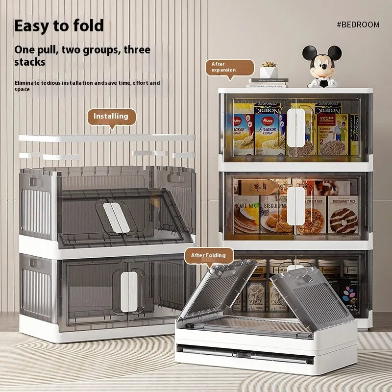 Foldable white household storage locker with wheels and multiple shelves for shoes and toys.