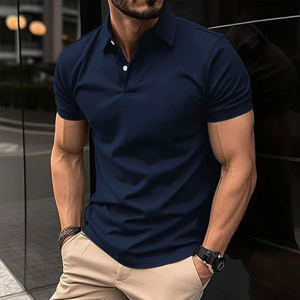 Men's solid colour short sleeve polo shirt with a button-down lapel collar, shown in a light green colour.