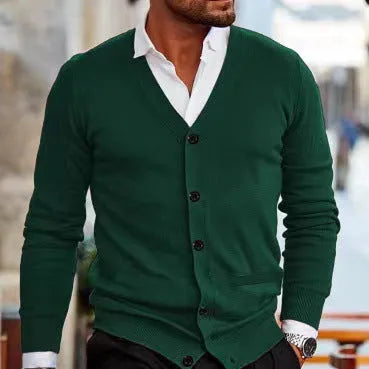 Men's slim fit acrylic cardigan sweater coat in dark gray colour showing long sleeve design
