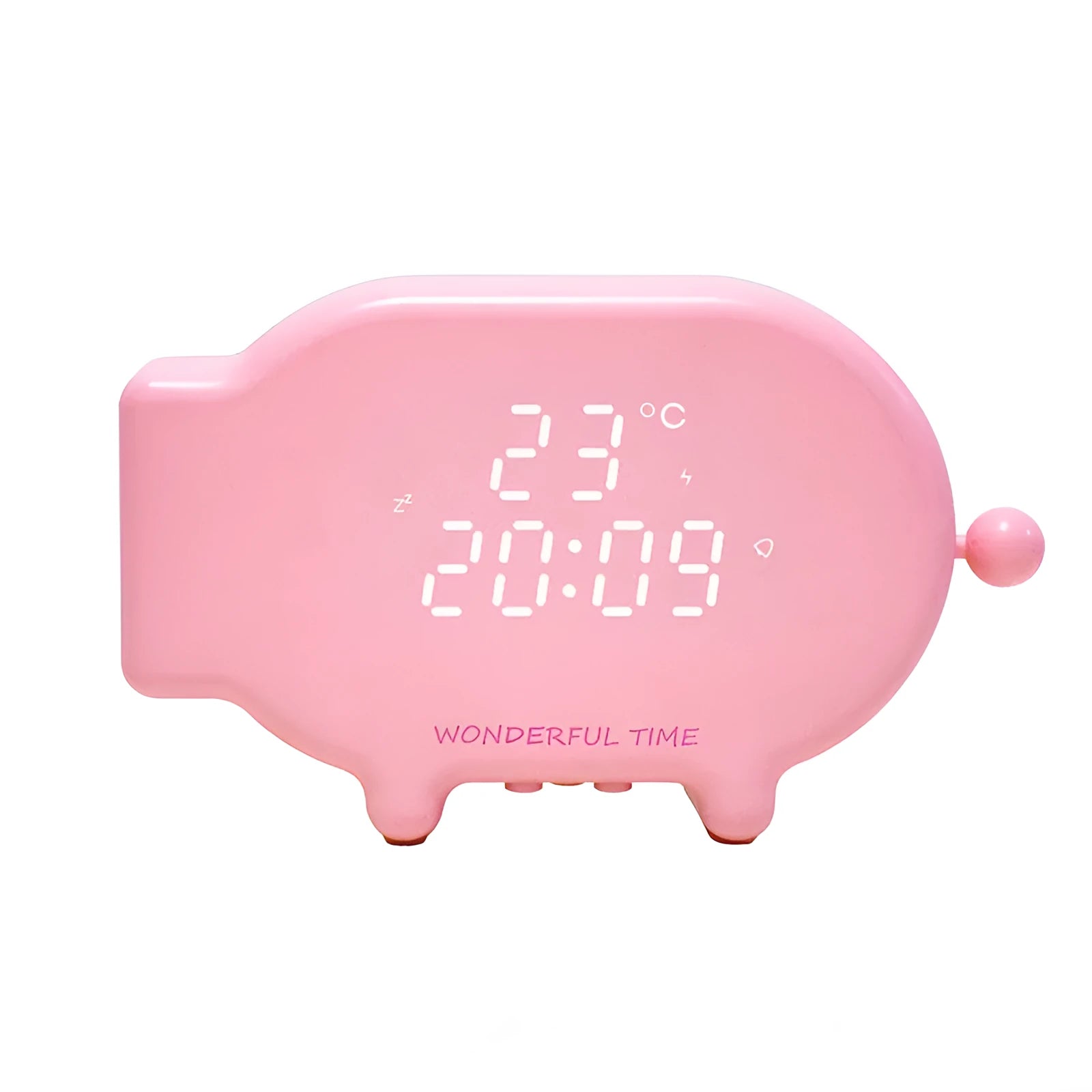 Blue and pink multifunctional LED alarm clock showing time and temperature with USB charging port