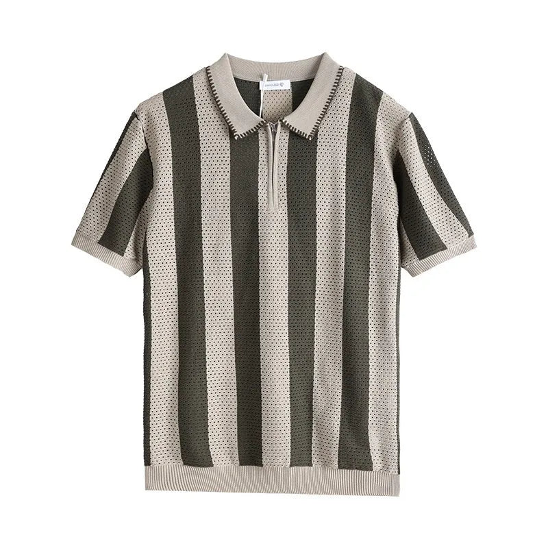 Men's black and white striped short sleeve ice silk sweater with a decorative zip.