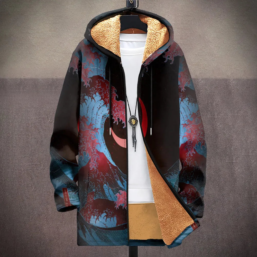 Man wearing a multicolour digitally printed hooded cardigan with a full-length front zip