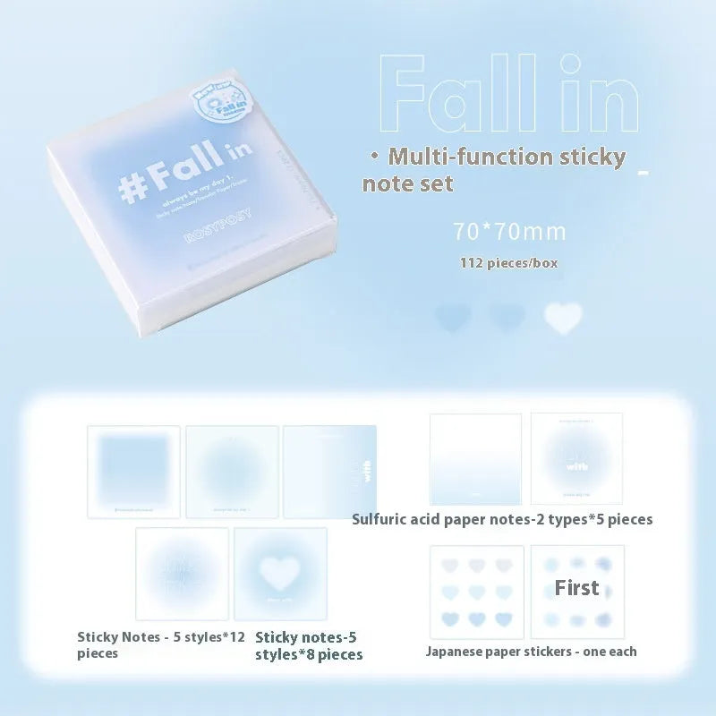 Square 70mm multifunctional notepad with blush, blue, green, and purple colour options showing sticky notes, note paper, and parchment sheets.