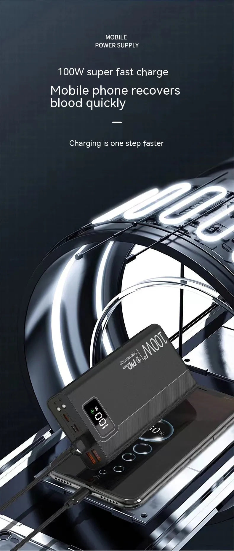 Large black and white plastic power bank showing front view with capacity options from 20000mAh to 50000mAh.