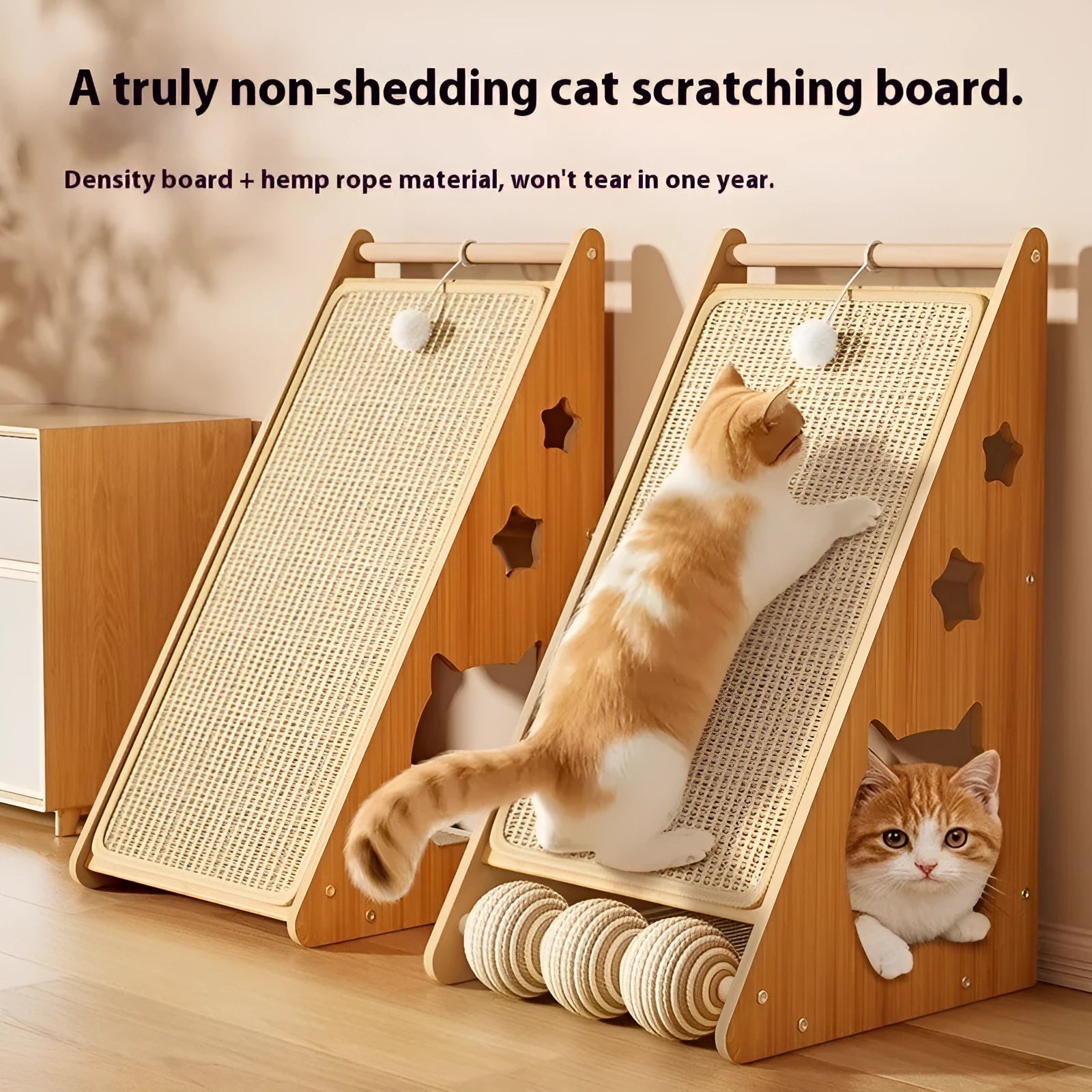 Vertical wall-mounted cat scratching board with sisal surface and a built-in teasing ball.