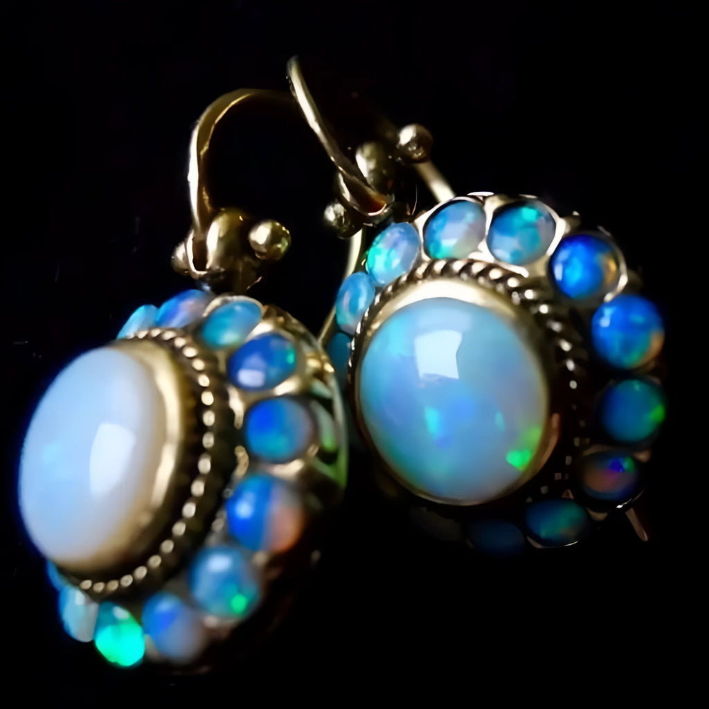 Retro exaggerated ethnic style earrings, geometric copper, gold colour, opal treatment