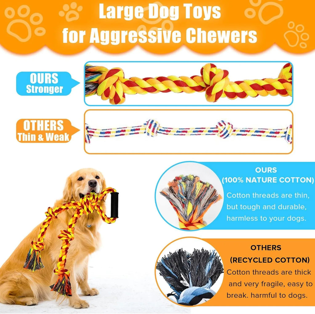 Heavy duty blue cotton rope dog toy with ergonomic handles for aggressive chewers