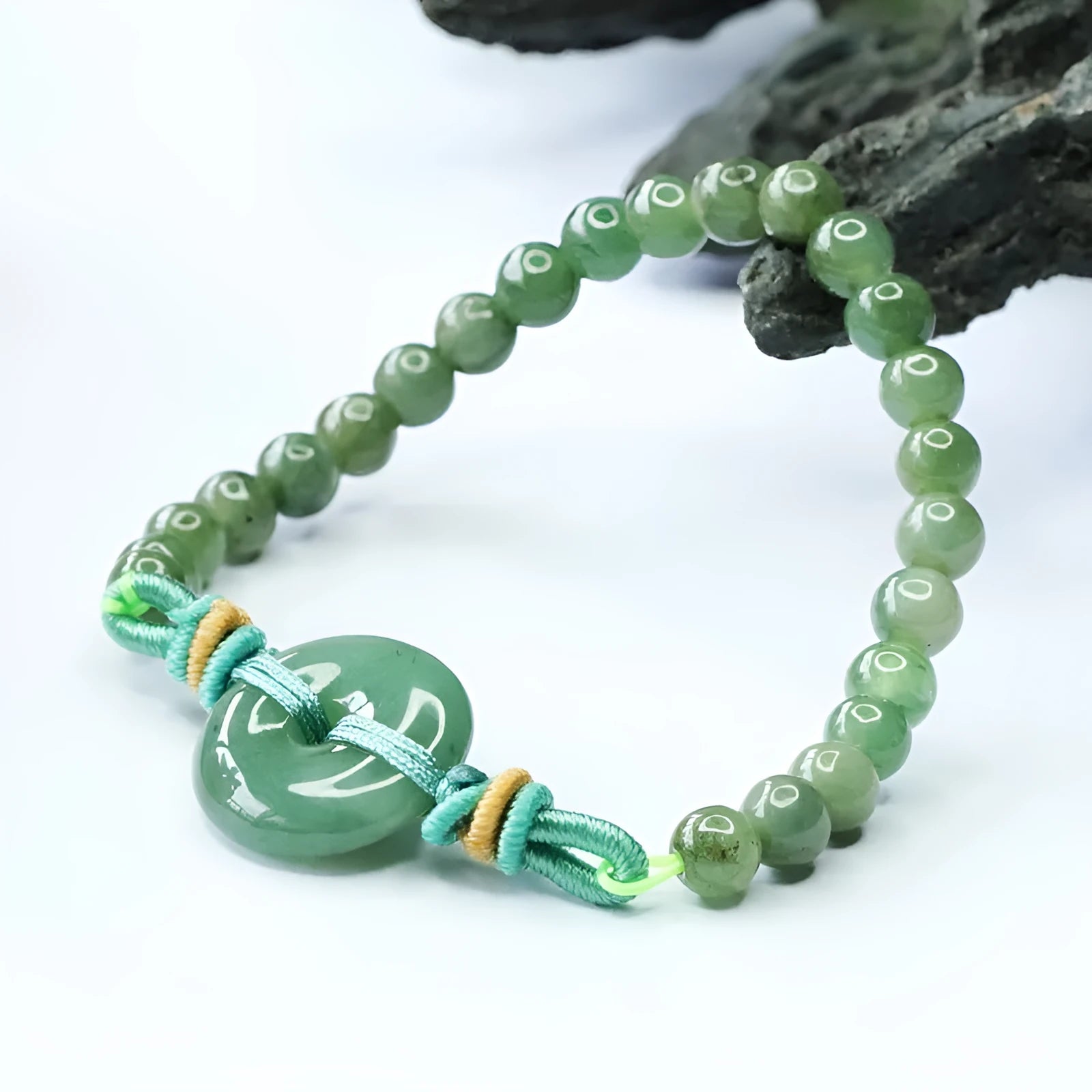Natural emerald jade safety buckle bracelet with star-shaped buckle, 6mm green beads on adjustable cord