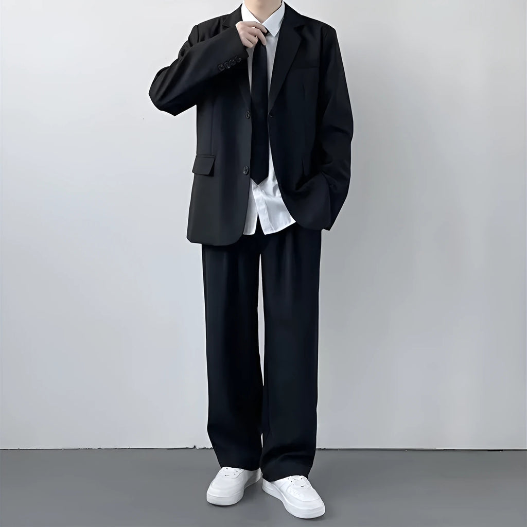 Plus size men's suit jacket set with trousers, shirt and tie in college style loose fit