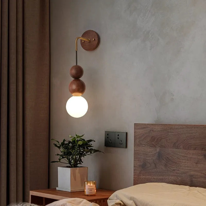 Wood and copper wall lamp with suspension wire and tricolour lighting, 10cm diameter 50cm height