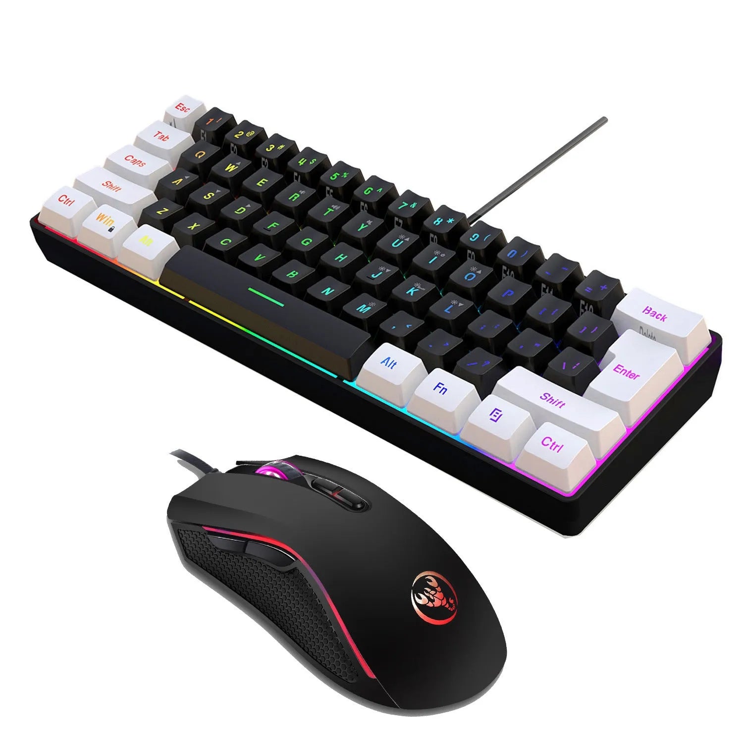 White and black gaming keyboard and mouse suit with colour backlight illumination