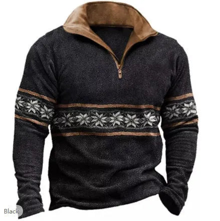 Man wearing a loose fit long sleeve t-shirt with retro colour printing and stripe pattern for golf or casual wear