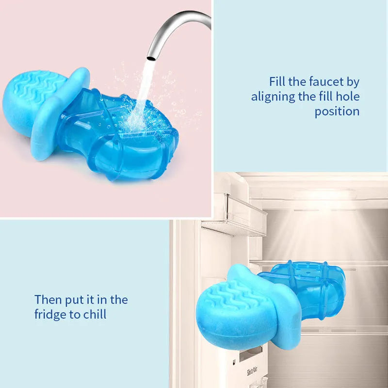 Set of three dog toys: a silicone pacifier, a freezable popsicle, and a silicone ring for cooling and chewing.
