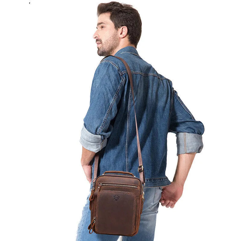 Men's brown crazy horse leather crossbody bag with sewing line details and single shoulder strap