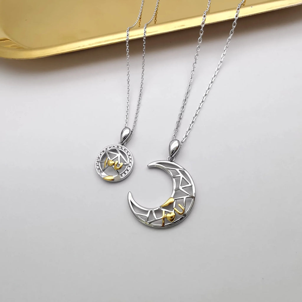 Sun moon tooth couple necklace with copper pendant and cross chain, male and female colour variants
