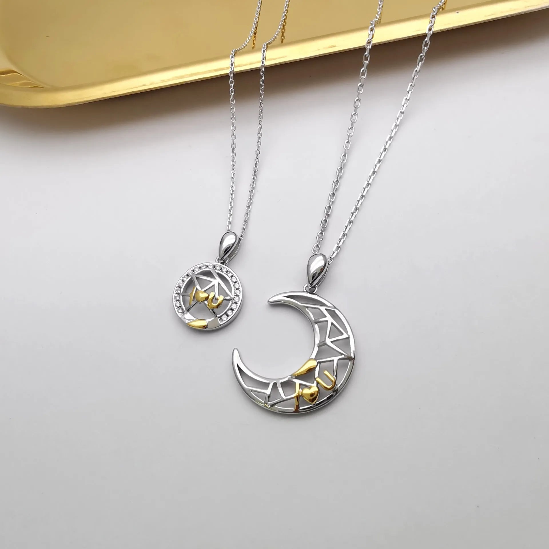 Sun moon tooth couple necklace with copper pendant and cross chain, male and female colour variants