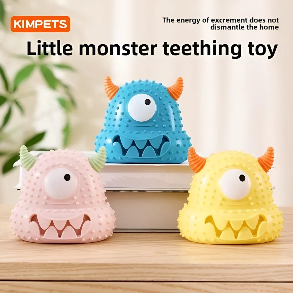 Little monster vocal dog toy in blue with exaggerated eyes, horns, and teeth; made of bite-resistant silicone.