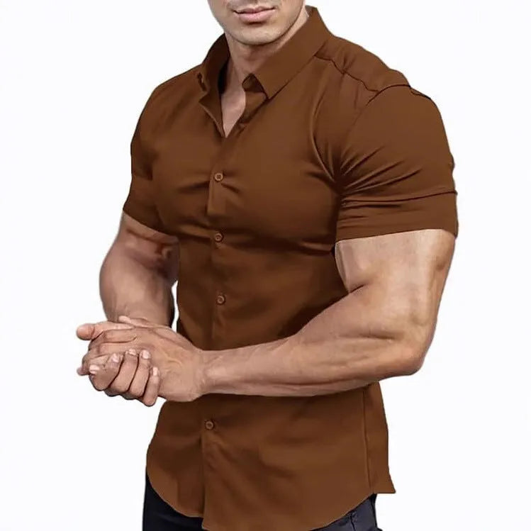 Men's printed short sleeve casual shirt with collar in multiple colour options showing cardigan style