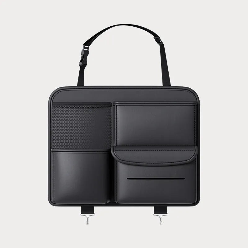 Black leather car seat back storage hanging bag with handle for buggies and strollers