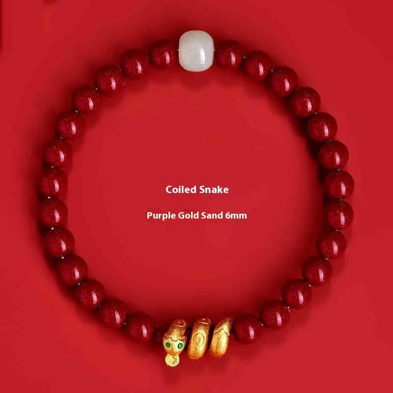 Handmade Chinese snake year cinnabar bracelet with snake beads in traditional zodiac design