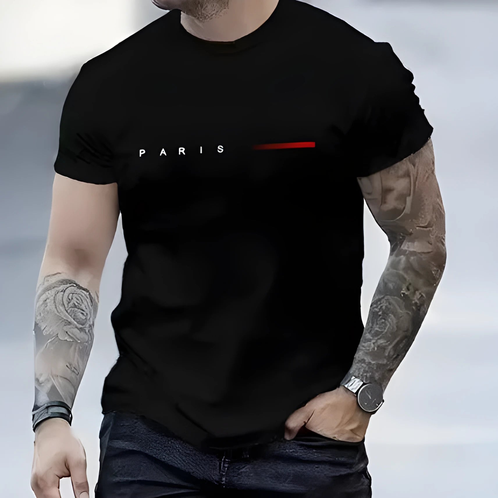 Men's slim fit casual top with a blue 3D printed mesh pattern on the front.