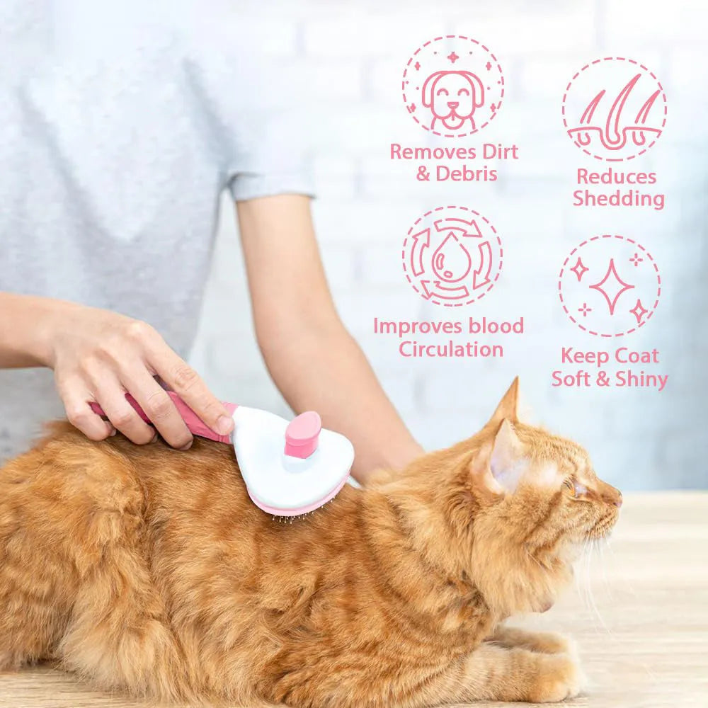 Blue cat grooming brush with a release button and fine wire bristles for removing loose fur.