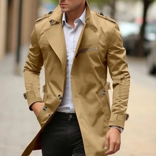 Men's lapel-style casual jacket in army green, shown mid-length with side seam pockets.