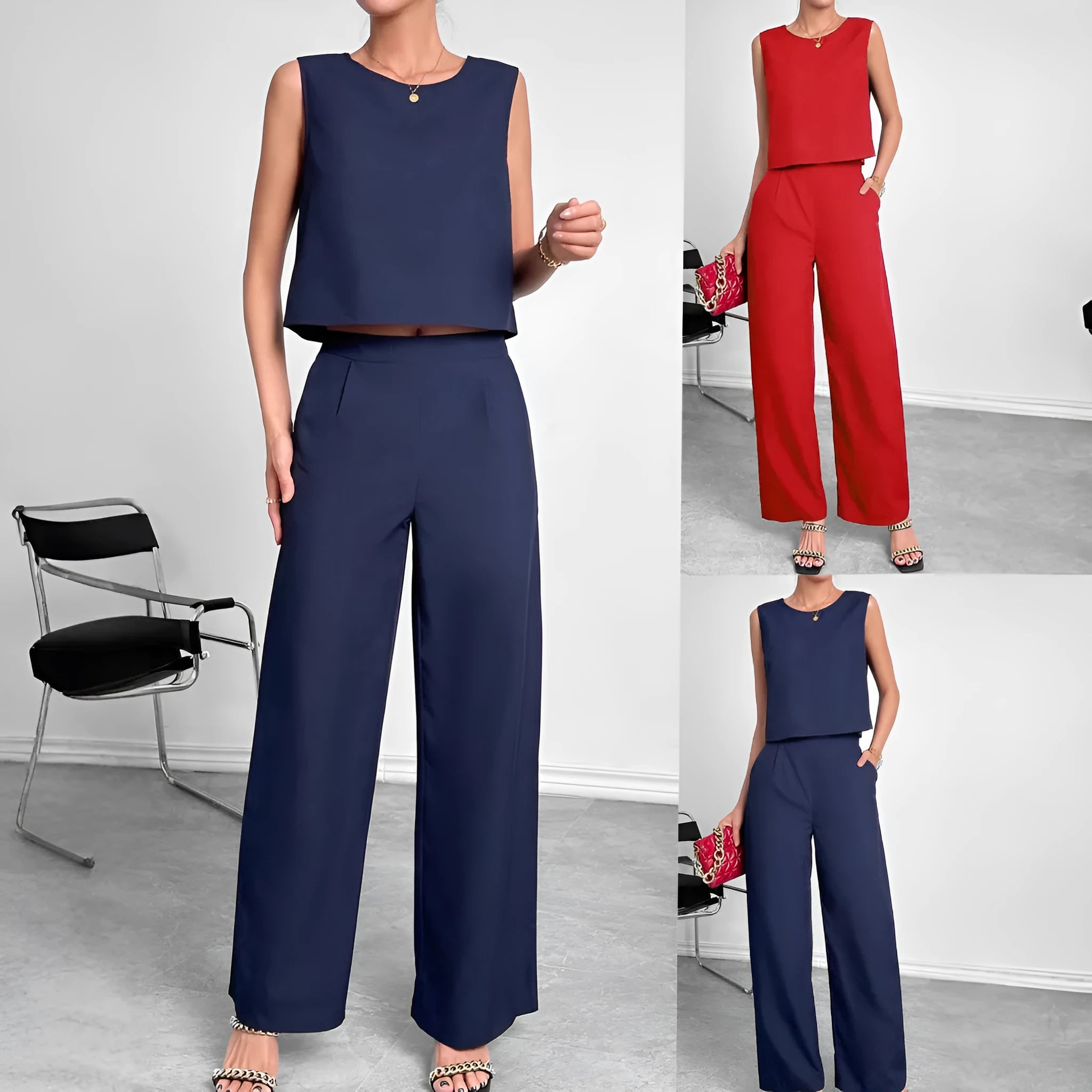 Red and navy blue women's sleeveless top and wide leg pants two-piece set on a hanger.
