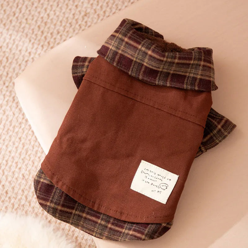 Autumn winter dog skirt with check pattern and thermal wool lining, featuring stretchable knitted fabric for small and medium dogs