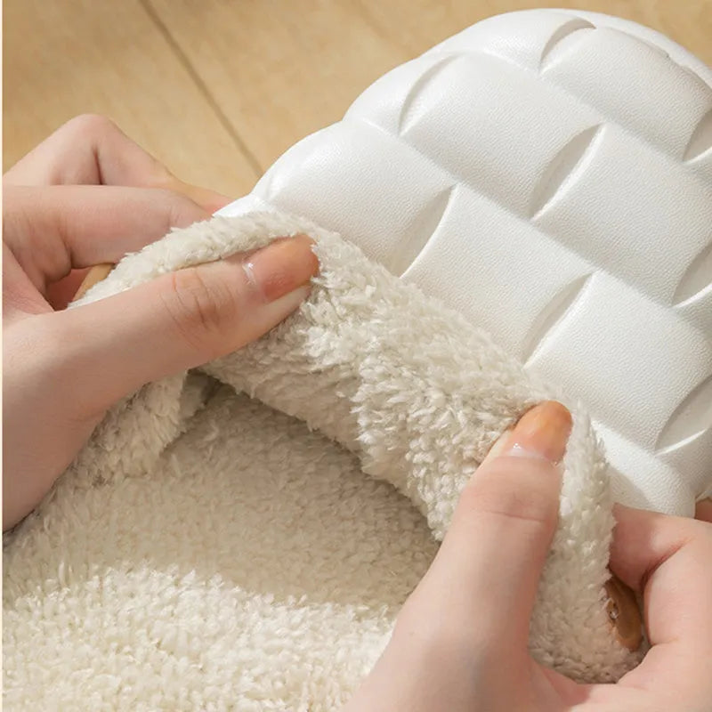 Plaid detachable EVA house slippers with plush lining, shown in assorted colours.