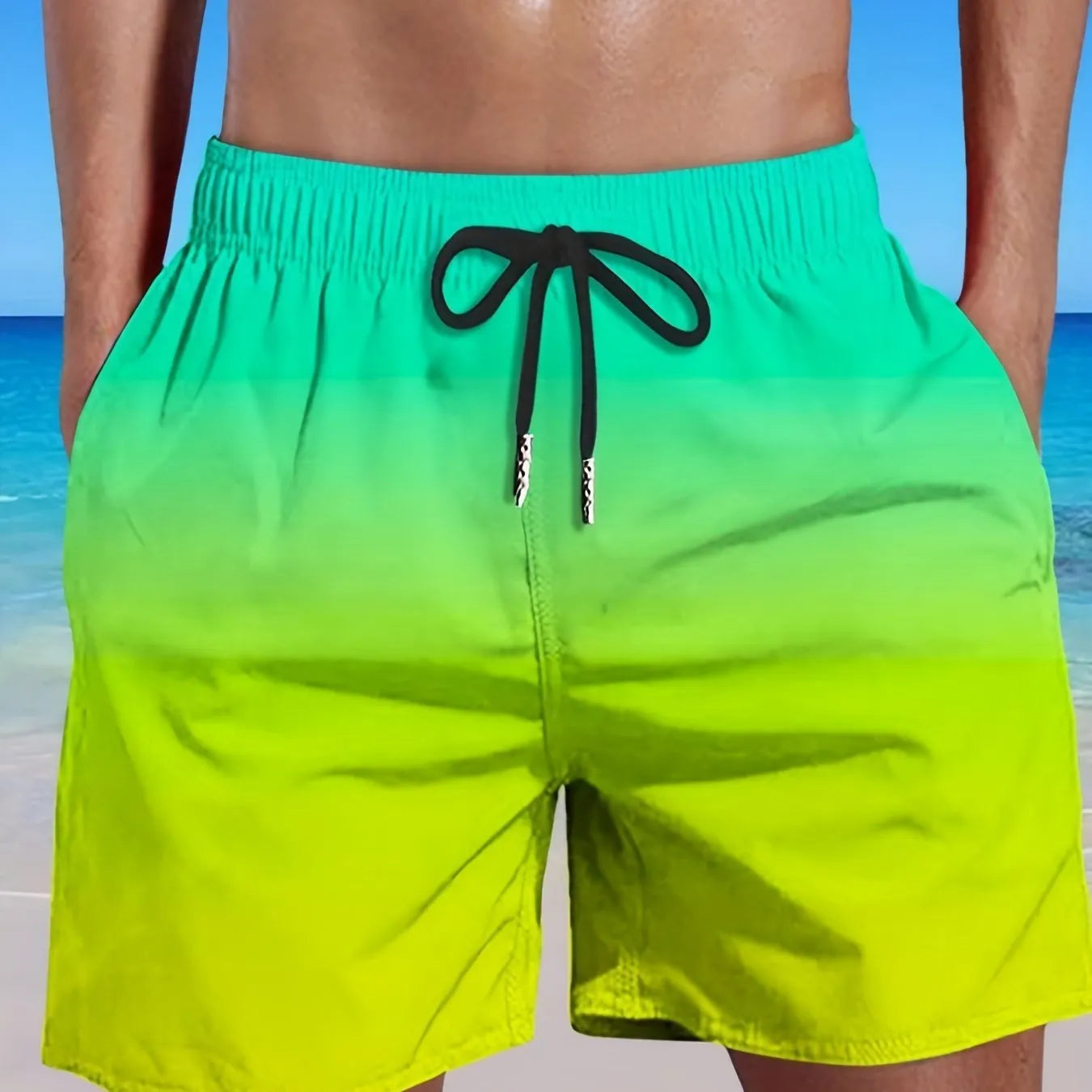 Men's grey gradient 3D digital print mesh sports shorts on a white background.