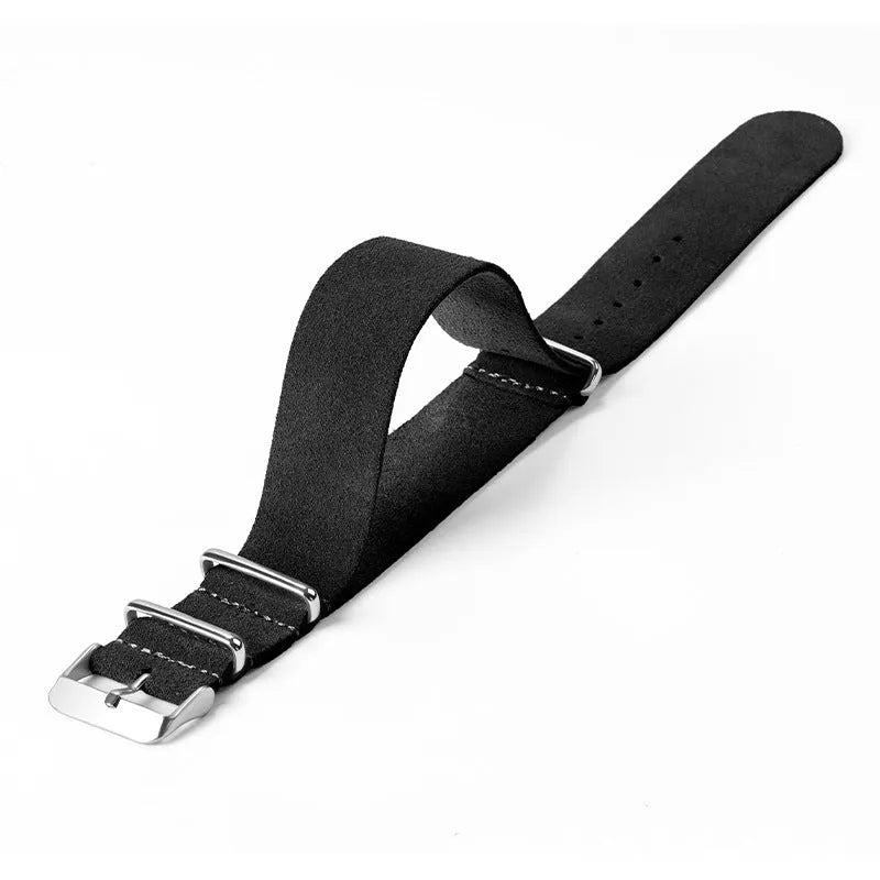 Genuine leather watch strap with velvet finish in retro artistic style, 20mm width, black colour, on a light background