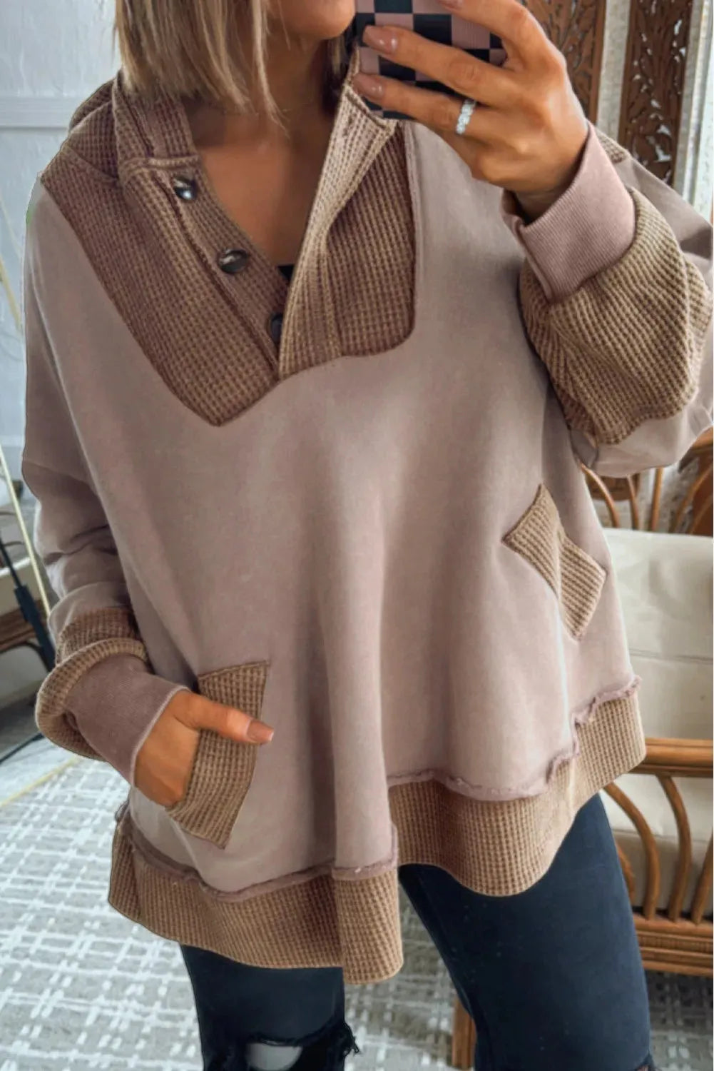 Goat Waffle Contrast Patchwork Plus Size Hoodie with Pockets in 1XL-4XL